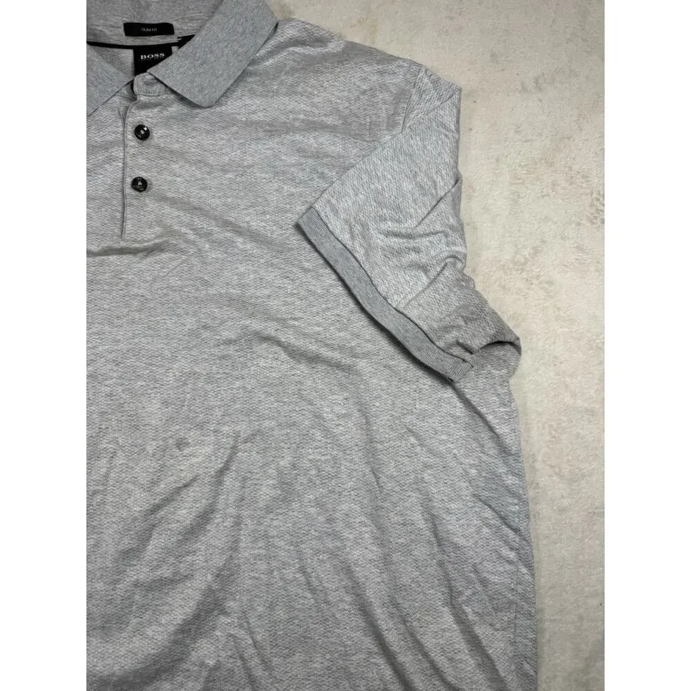 BOSS Hugo Boss Mens Gray Slim Fit Polo Shirt Short Sleeve Textured Golf Large